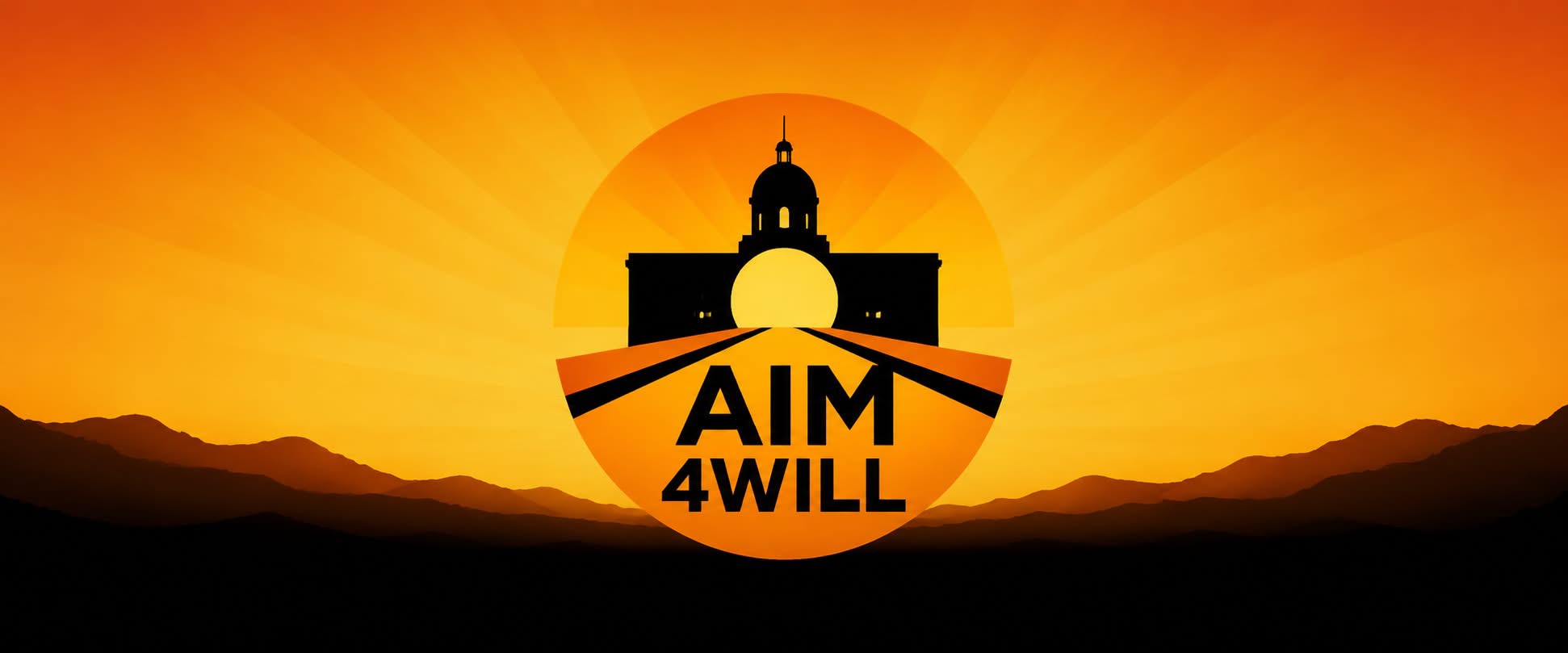AIM4WILL logo with courthouse silhouette against an orange sunrise